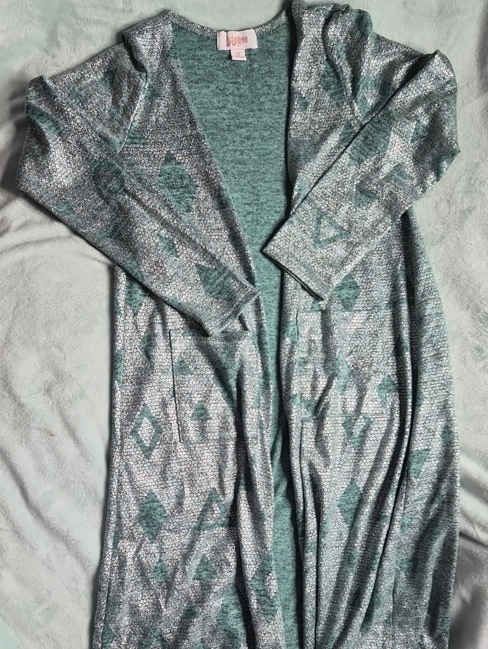 LuLaRoe Elegent Teal Metallic Open-Front Long Kid's Sariah Size 12